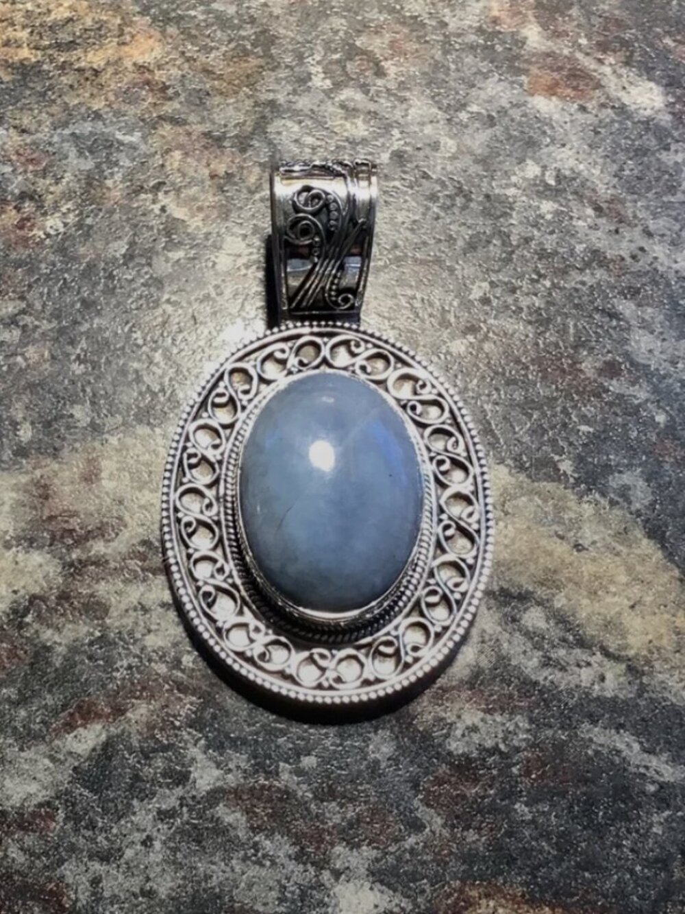 Vintage Filigree Sterling Silver Pendant with Blue Chalcedony Oval Cabochon